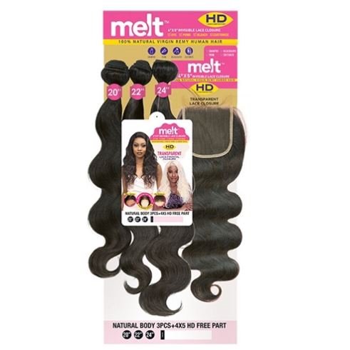 Janet Collection Melt 100% Natural Virgin Human Hair - natural BODY 3PCS + 4x5 HD Lace Closure