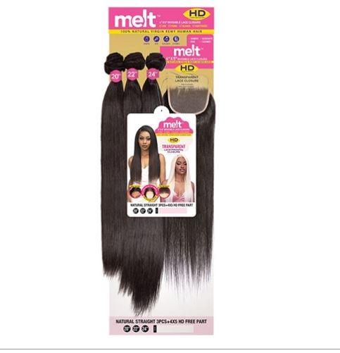 Janet Collection Melt 100% Natural Virgin Human Hair - natural STRAIGHT 3PCS + 4x5 HD Lace Closure